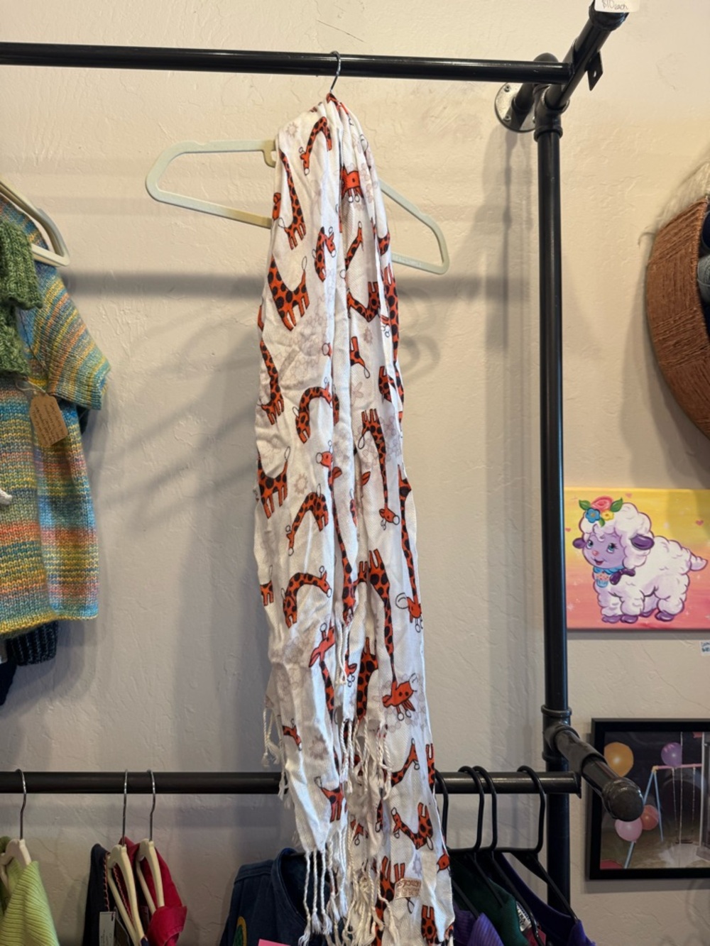 White Scarf with Orange Fox Print
